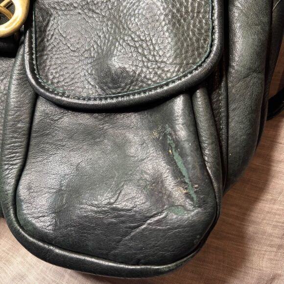 Vintage Black/Green Leather Saddlebag Backpack with Brass Clasps - Picture 3 of 10